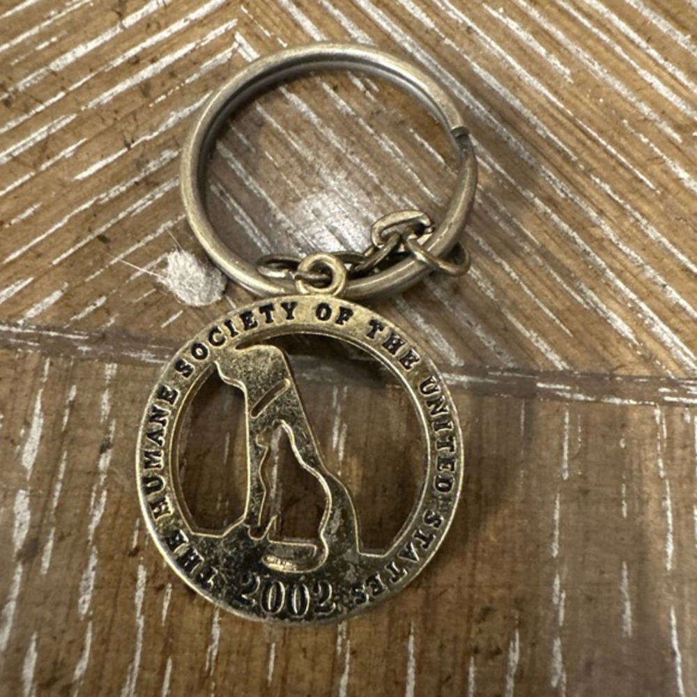 Vintage Humane Society Key Chain 2002 Cat Dog Rescue Gold Tone Round